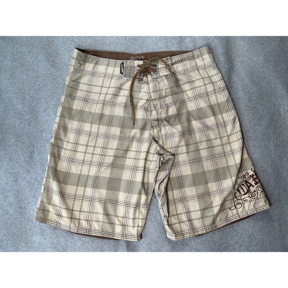 Da Hui Swimming Trunks Mens W34 Shorts Plaid Beach Logo Light Weight Beige - Picture 1 of 8